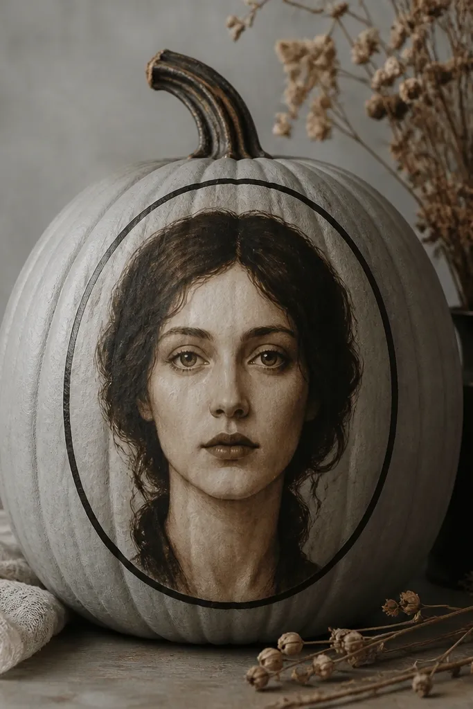 A pumpkin painted pale gray with a sepia-toned face portrait in the center, dark hair framing the sides, and a thin black oval frame around the portrait.