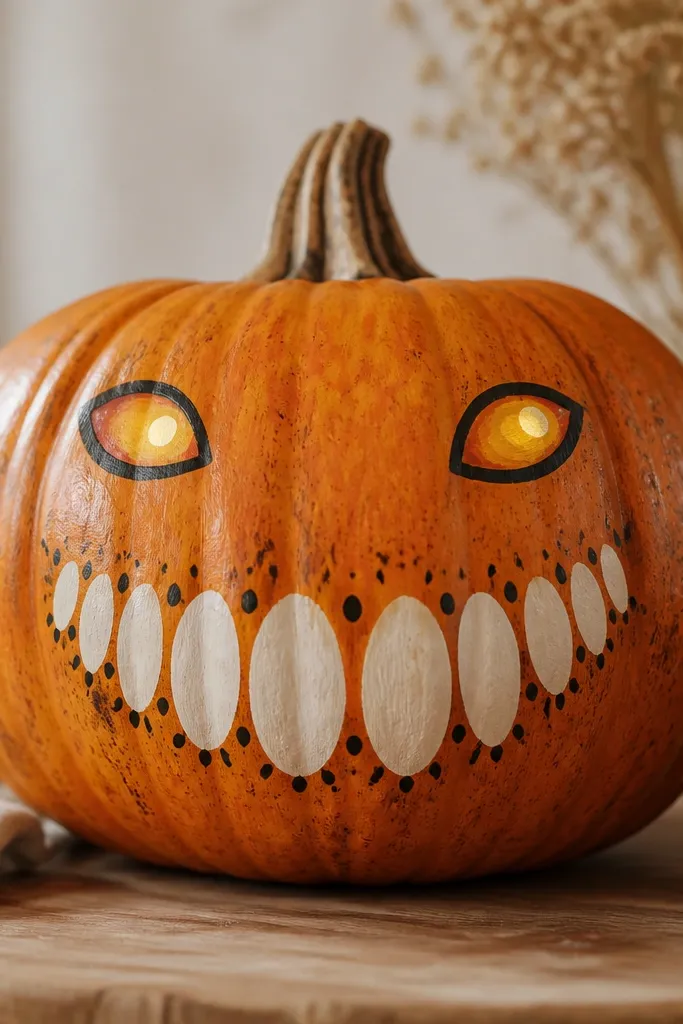 A pumpkin painted warm orange with a stylized grin made of off-white teeth shapes, small black pepper-like dots around the mouth, and a glowing yellow eye highlight.