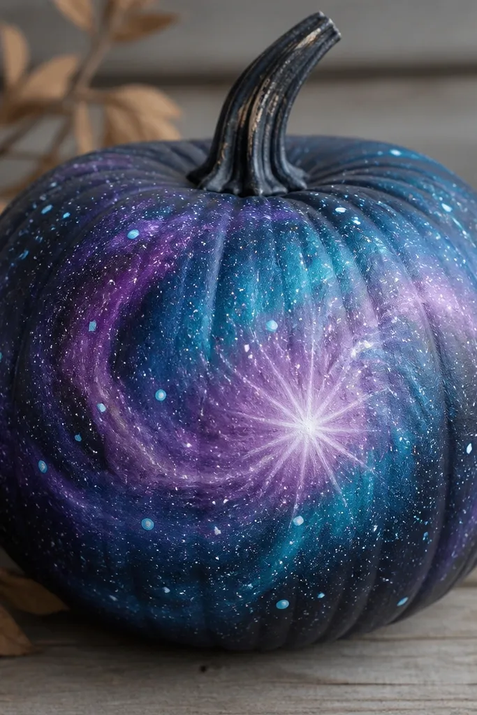 A pumpkin with deep purple and teal galaxy swirls, a bright starburst center, and scattered white and light-blue specks across the surface.