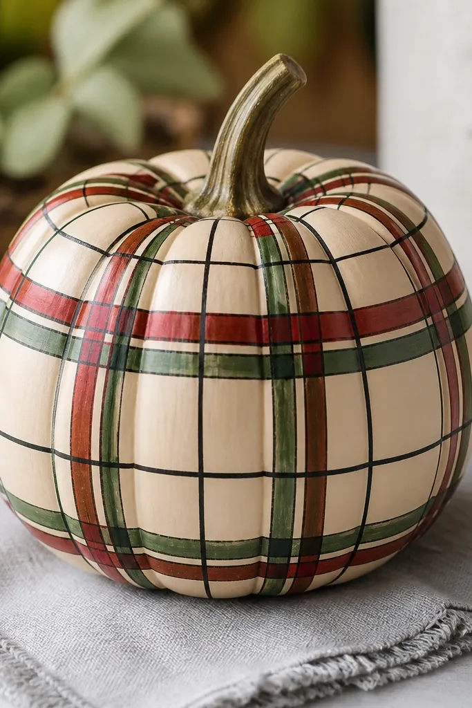 A pumpkin painted cream with red and green plaid bands across the surface, crisp black grid lines, and small check intersections around the ridges.