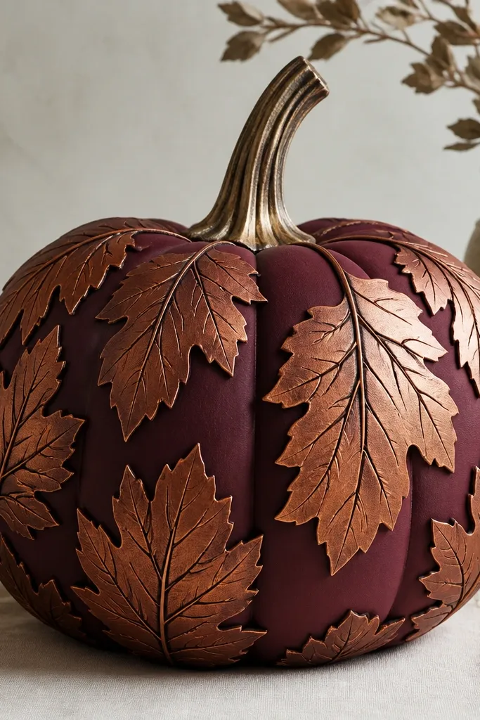 A pumpkin with a deep burgundy base and raised copper leaf shapes, with visible edges like layered cut paper and a few dark vein lines on the leaves.