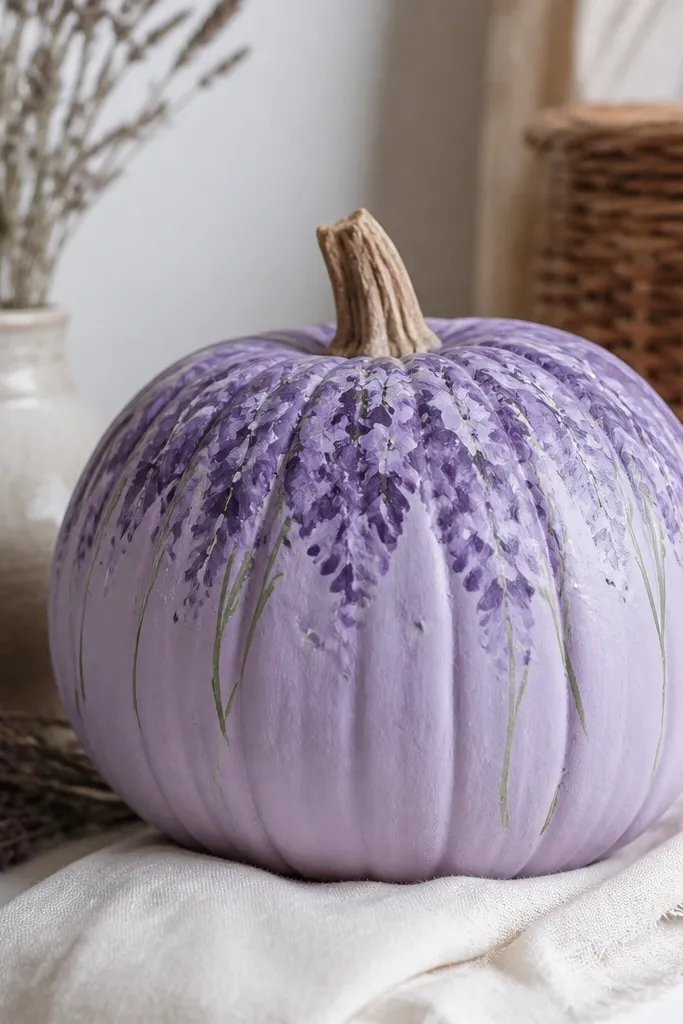 A pumpkin painted pale lavender with darker purple brush clusters like lavender flowers on the top half, plus a few green stems and tiny white specks.