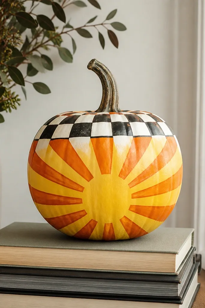A pumpkin with a bright yellow sunburst radiating from the center, orange rays, and a black-and-white checker border around the upper third.