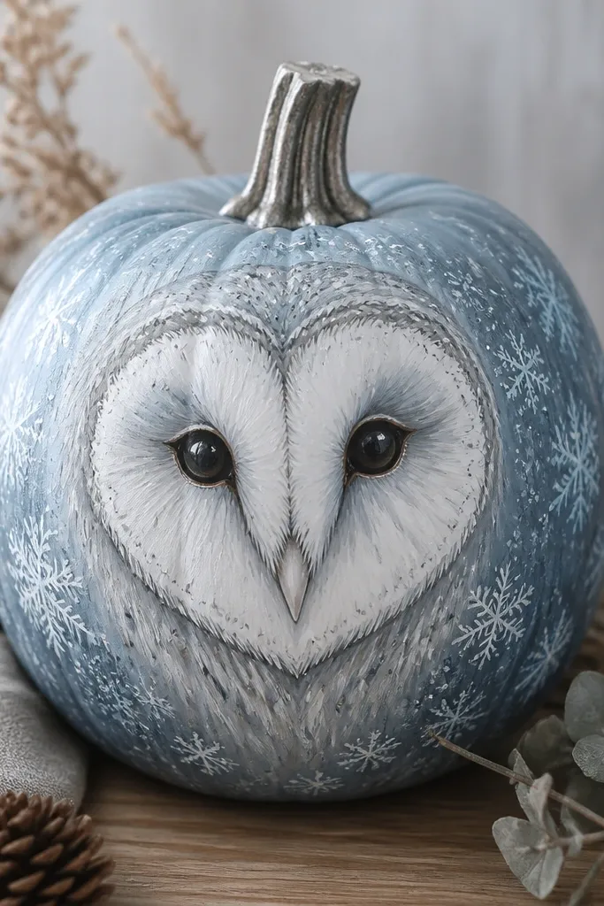 A pumpkin painted icy blue-gray with a white owl face in the center, light gray feather strokes, and pale blue snowflake-like specks around the edges.