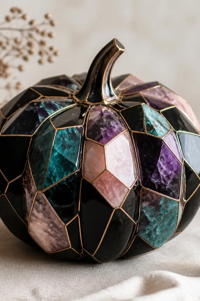 A pumpkin with a deep black base and multi-color crystal facets in teal, purple, and light pink; gold lines outline each facet like mineral veins.