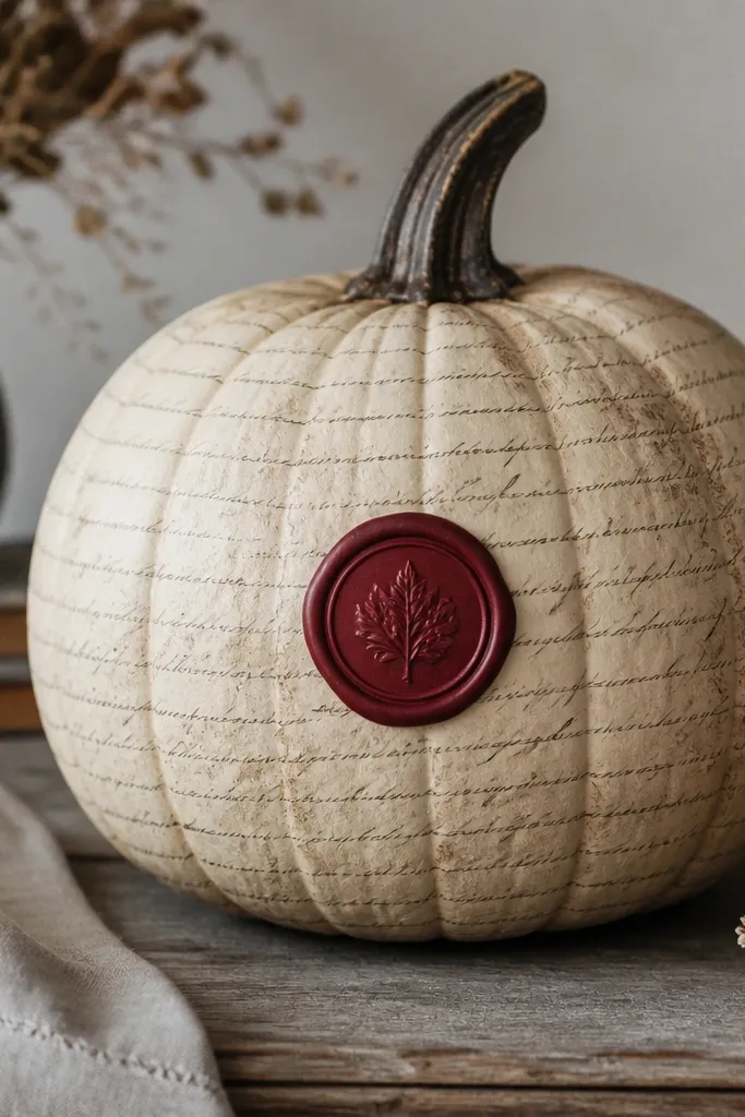 A pumpkin painted parchment beige with faint black script lines covering the surface and a dark red wax-seal circle sticker on the front with a simple emblem.