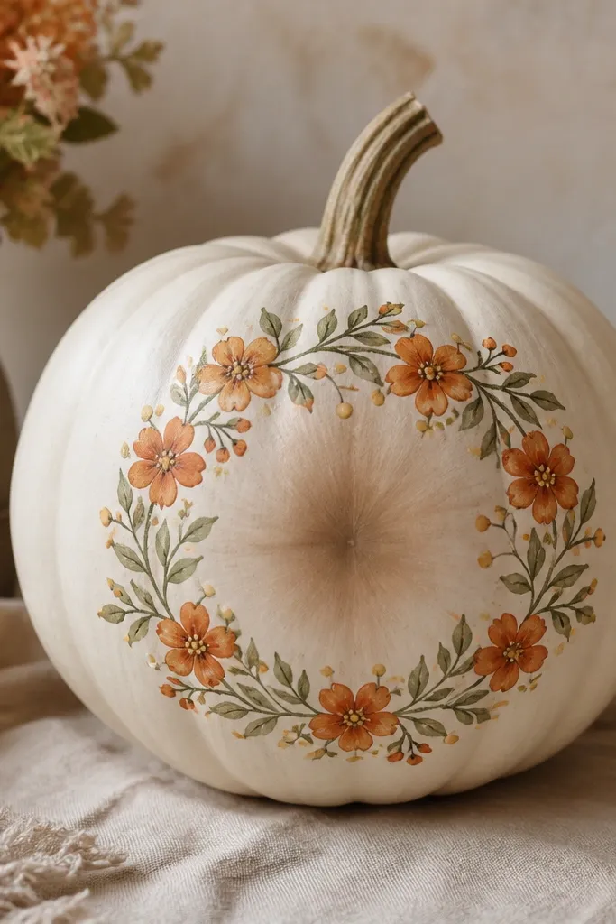 A pumpkin painted soft cream with a wreath of small orange blossoms and green leaves around the center, with tiny yellow pollen dots and a light brown center shadow.