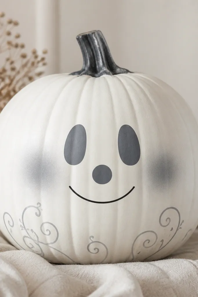 A pumpkin painted matte white with a gray ghost face, soft shading around the cheeks, and a single black line smile; tiny gray swirls trail off near the bottom.
