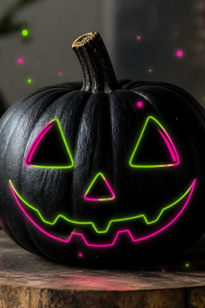 A pumpkin painted black with neon green and hot pink outline lines forming a jack face; small neon dots glow around the head like fireflies.