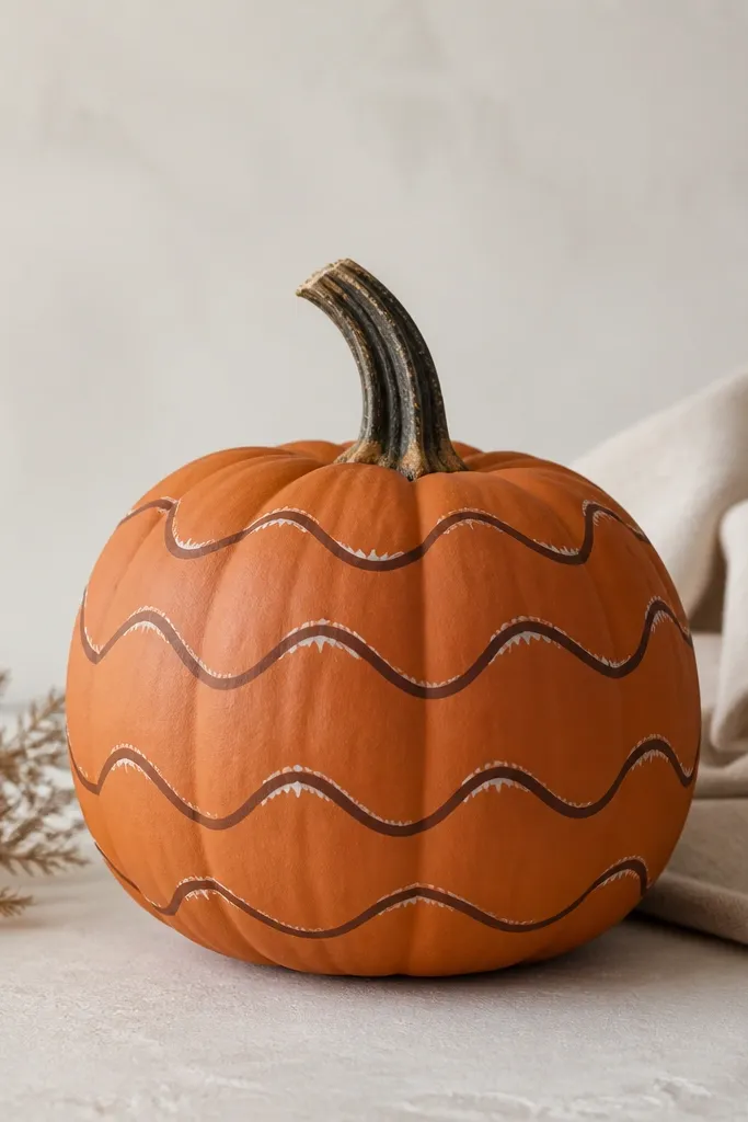 A pumpkin painted terracotta orange with darker brown wave lines wrapping horizontally, plus tiny white highlight strokes along each wave crest.