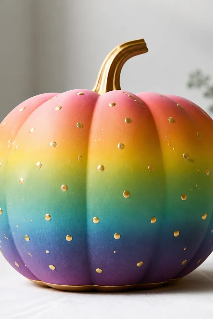 A pumpkin with rainbow horizontal stripes that fade smoothly into each other, plus scattered gold dots across the surface and a thin gold line at the bottom edge.