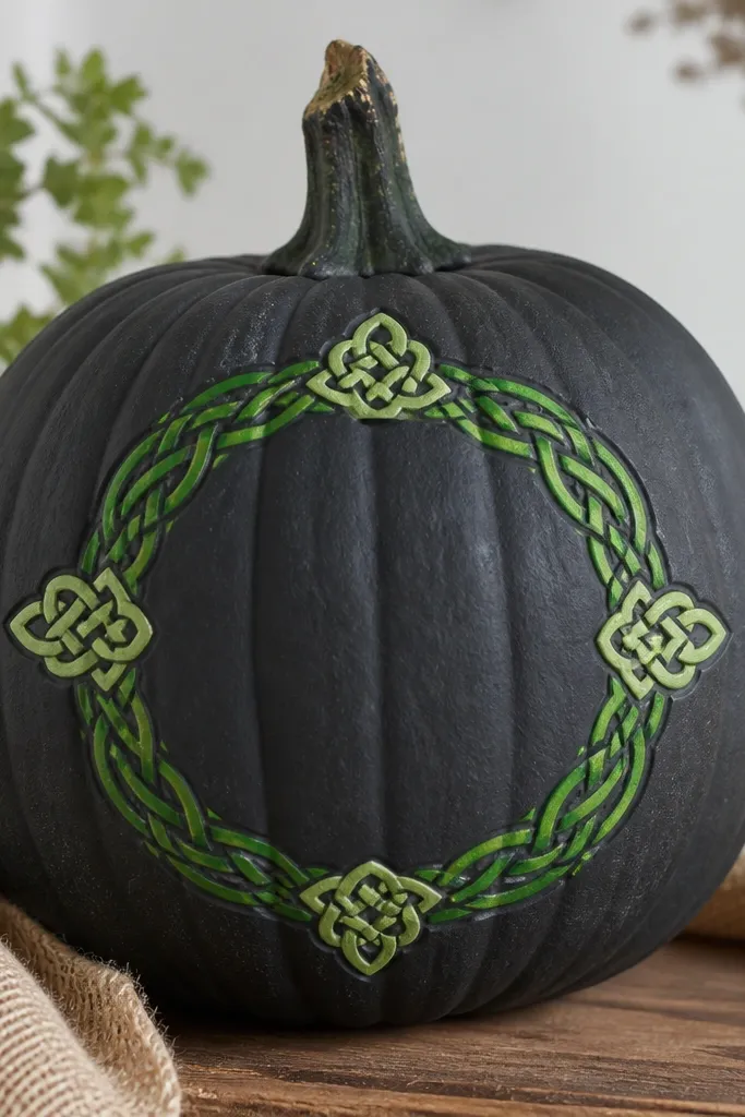 A pumpkin painted deep charcoal with a bright green framed Celtic knot pattern around the center, plus small knot ends in lighter green.