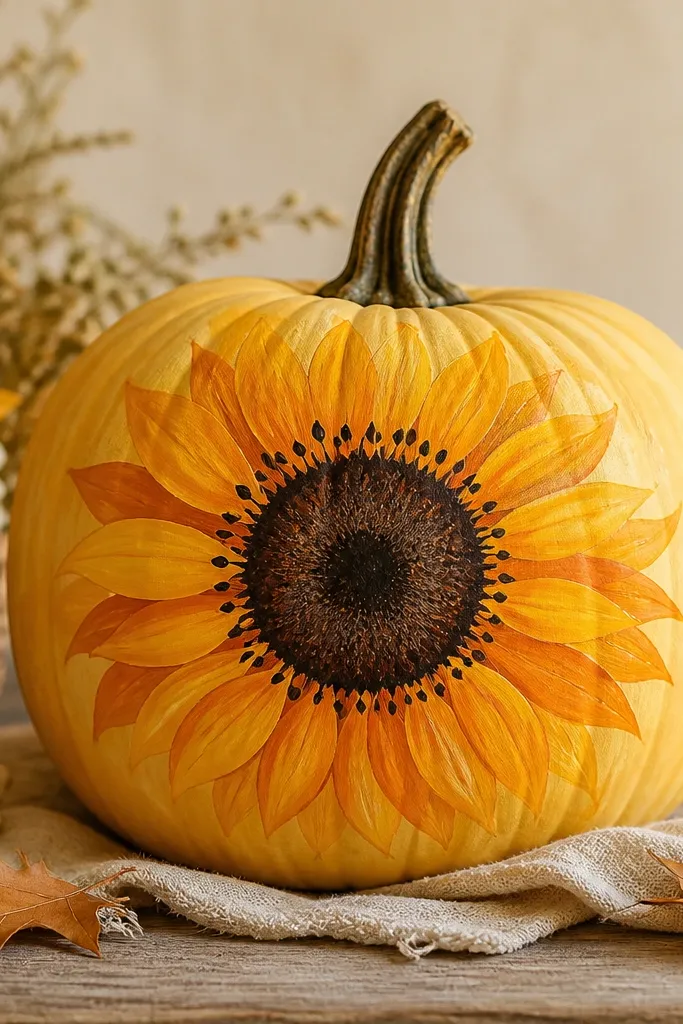 A pumpkin painted warm yellow with a sunflower face in the center: layered petals in golden yellow and orange, a dark brown center, and small black seed dots.