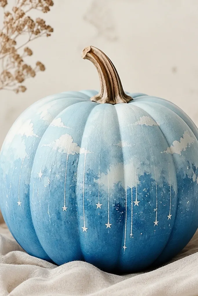 A pumpkin with a sky-blue watercolor wash effect, lighter clouds near the top, and small white star drips falling from the center like paint.