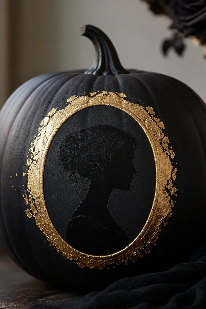 A pumpkin painted matte black with an oval gold leaf frame and a black-on-black portrait silhouette in the center; the frame has textured gold leaf patches.