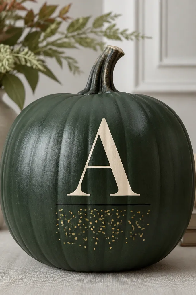 A pumpkin painted deep green with a large cream monogram letter in the center, a thin black underline, and scattered tiny gold spark dots below the underline.