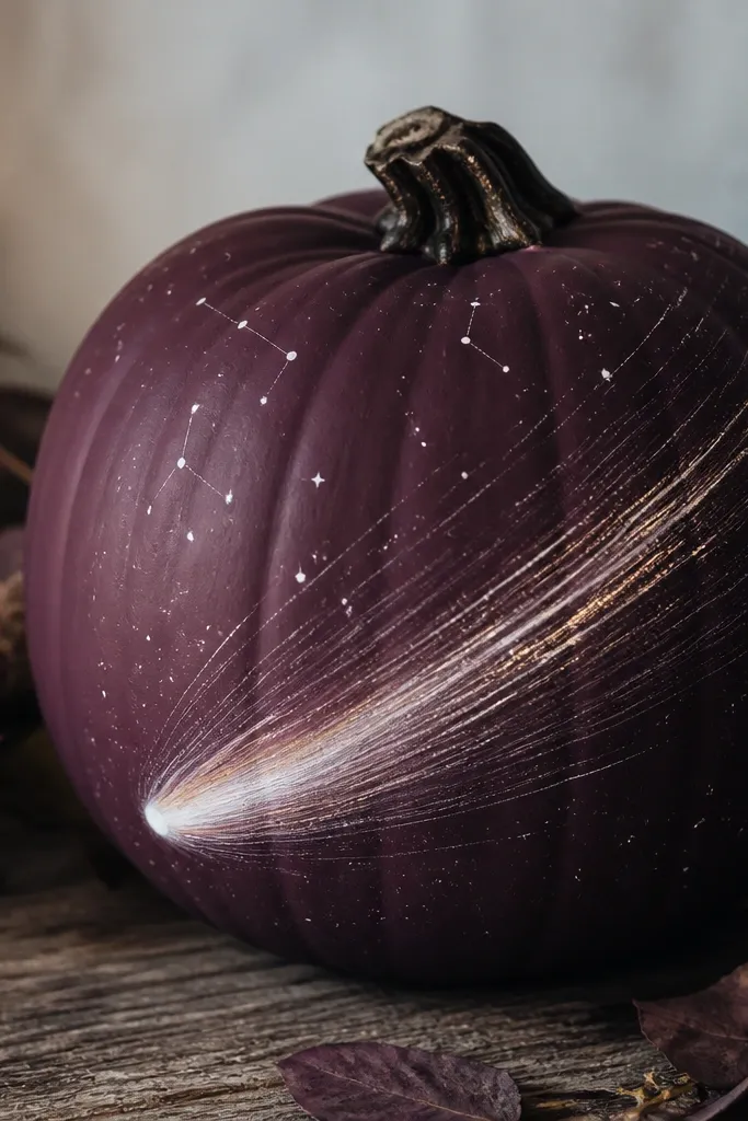 A pumpkin painted dark plum with a diagonal comet trail streak, a small bright comet dot, and thin white star lines trailing behind it; a few faint constellation dots appear near the top.
