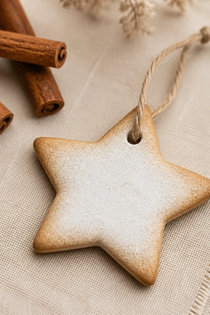 A flat salt dough star ornament with a warm brown edge gradient, white paint in the center, and a small hole with twine threaded through. The background shows a beige linen table runner and a few cinnamon sticks.