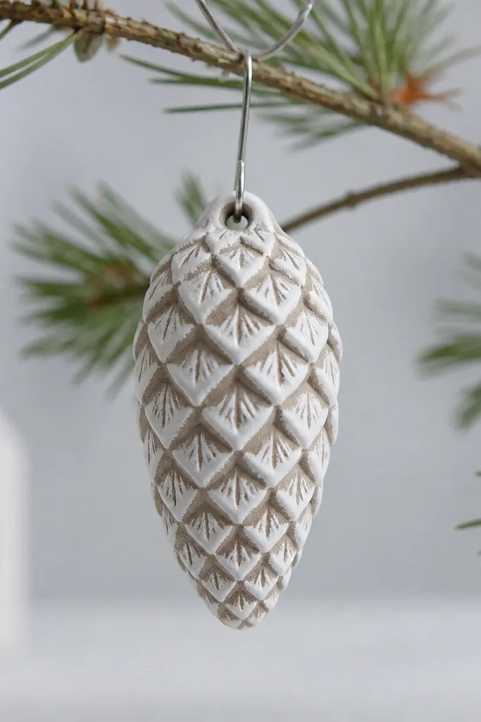 A pinecone-shaped salt dough ornament with crisp carved ridges. The ridges are highlighted in white, while the valleys stay a pale gray-brown. A thin silver hook holds it on a small branch.