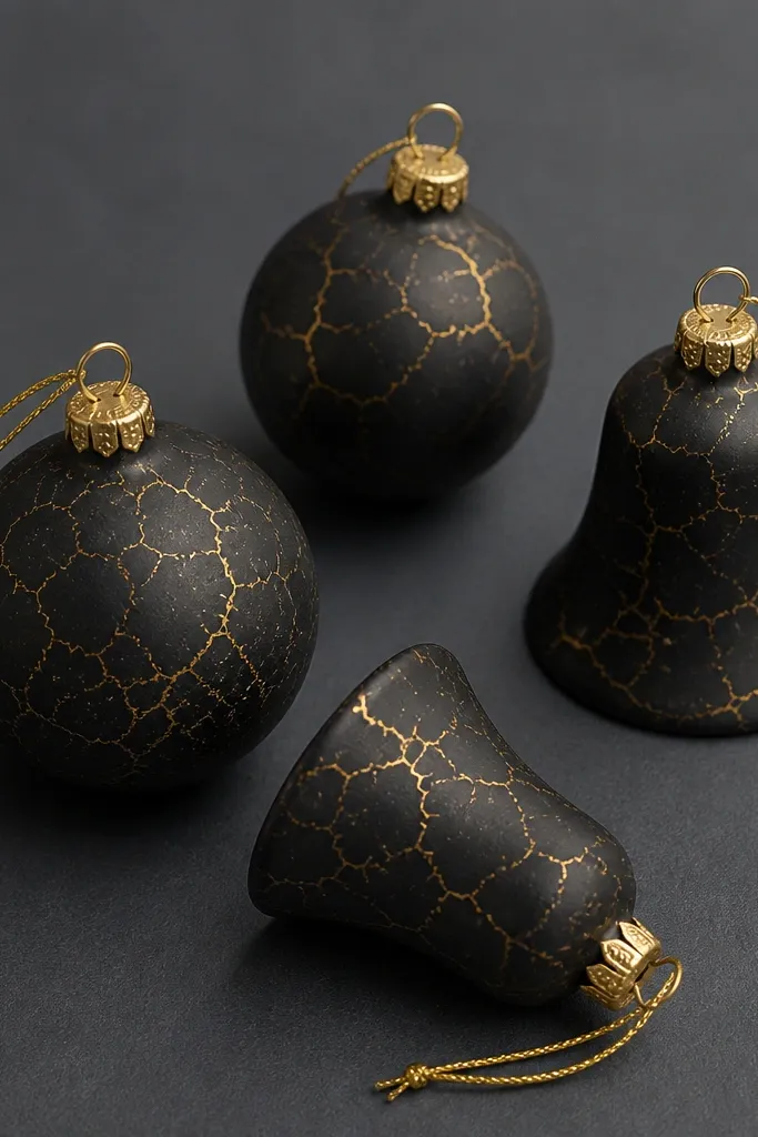 Small round and bell-shaped ornaments painted matte black, with thin gold crackle lines running through the design. Each has a gold cord loop and sits on a dark gray background.