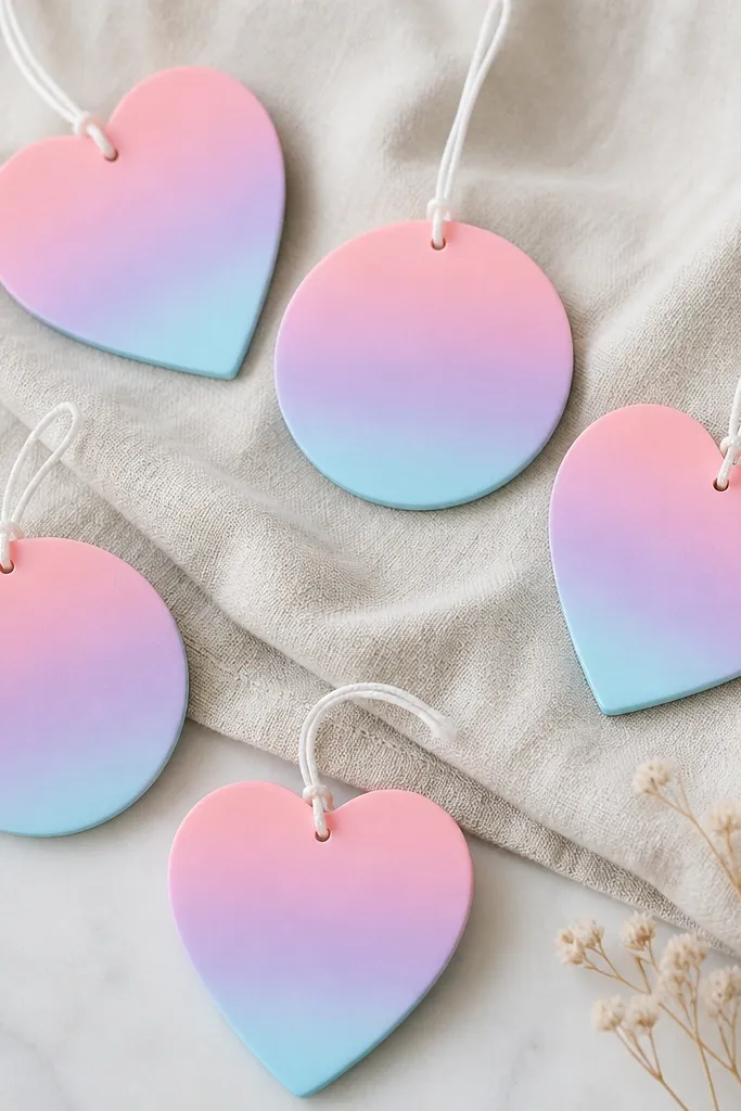 A set of heart and circle ornaments with smooth ombré color bands from light pink to lavender to pale blue. The edges are crisp, and the string is white.