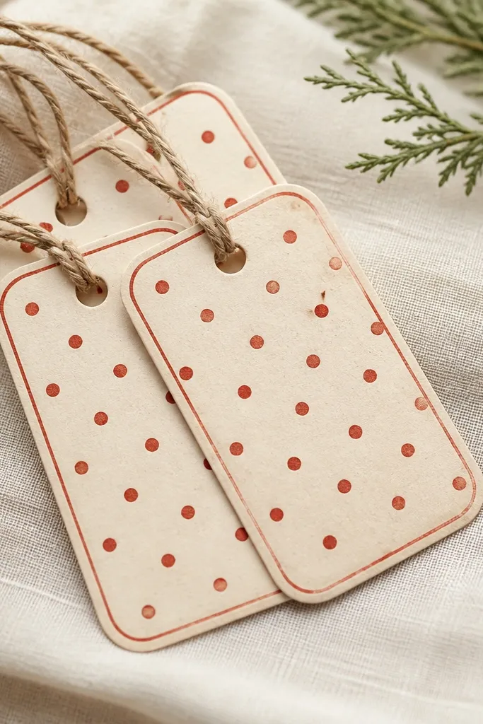 Rectangular tag ornaments with rounded corners. They are cream-colored with red stamped dots and a small red border line. Twine is threaded through a punched hole.