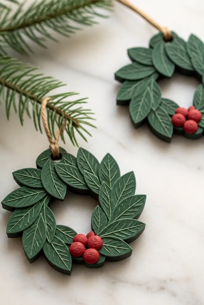 Wreath-shaped ornaments with layered leaf cutouts. The leaves are deep green with lighter vein lines, and the center has a small red berry cluster.