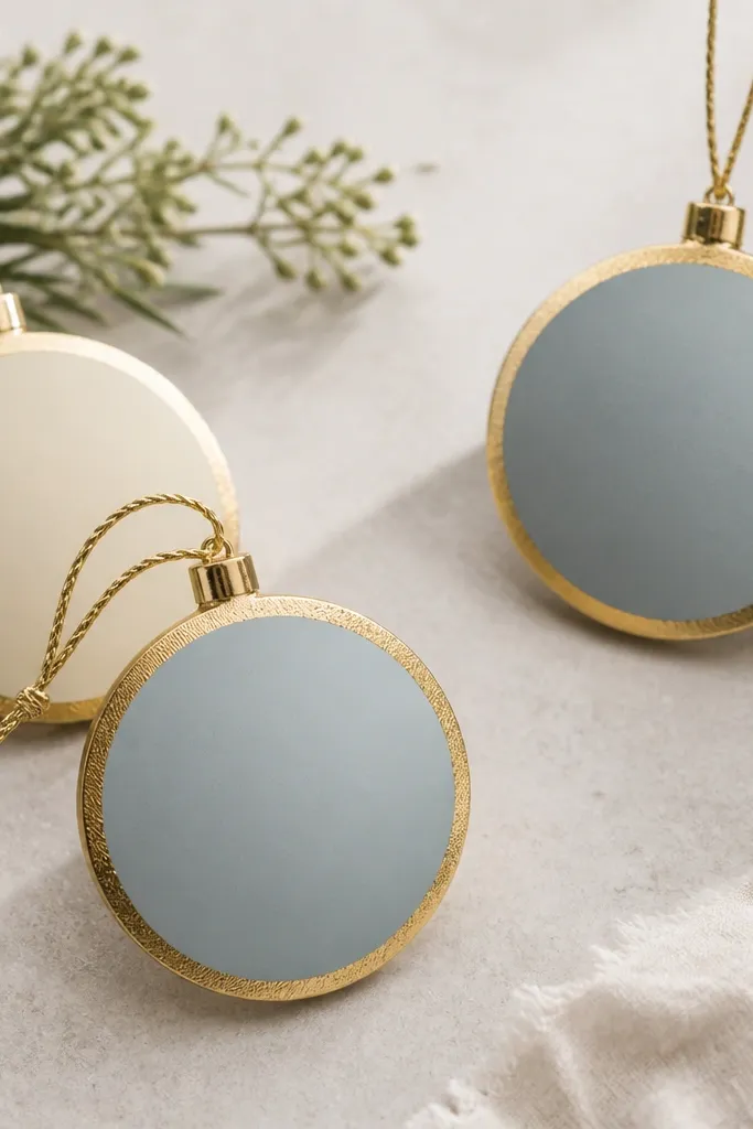 Round ornaments with a matte colored center (cream or dusty blue) and a gold foil effect frame around the edge. The gold ring looks metallic and the background is light.
