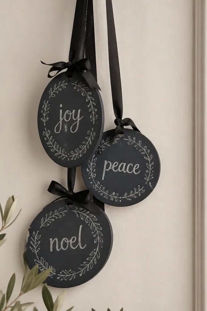Small oval and circle ornaments painted deep charcoal. The letters are white and look like chalk, with a few smudged edges. A black ribbon hangs them against a cream wall.