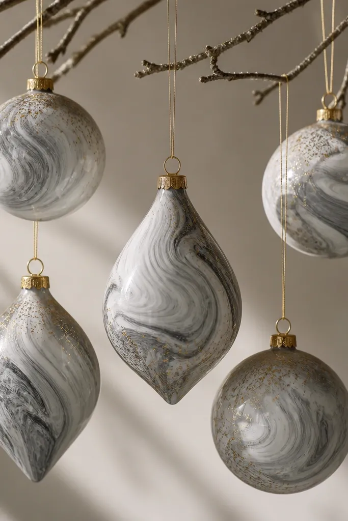A set of teardrop and round ornaments with marbled gray and white swirls. Tiny gold specks are scattered near the edges. They hang on thin gold wire.