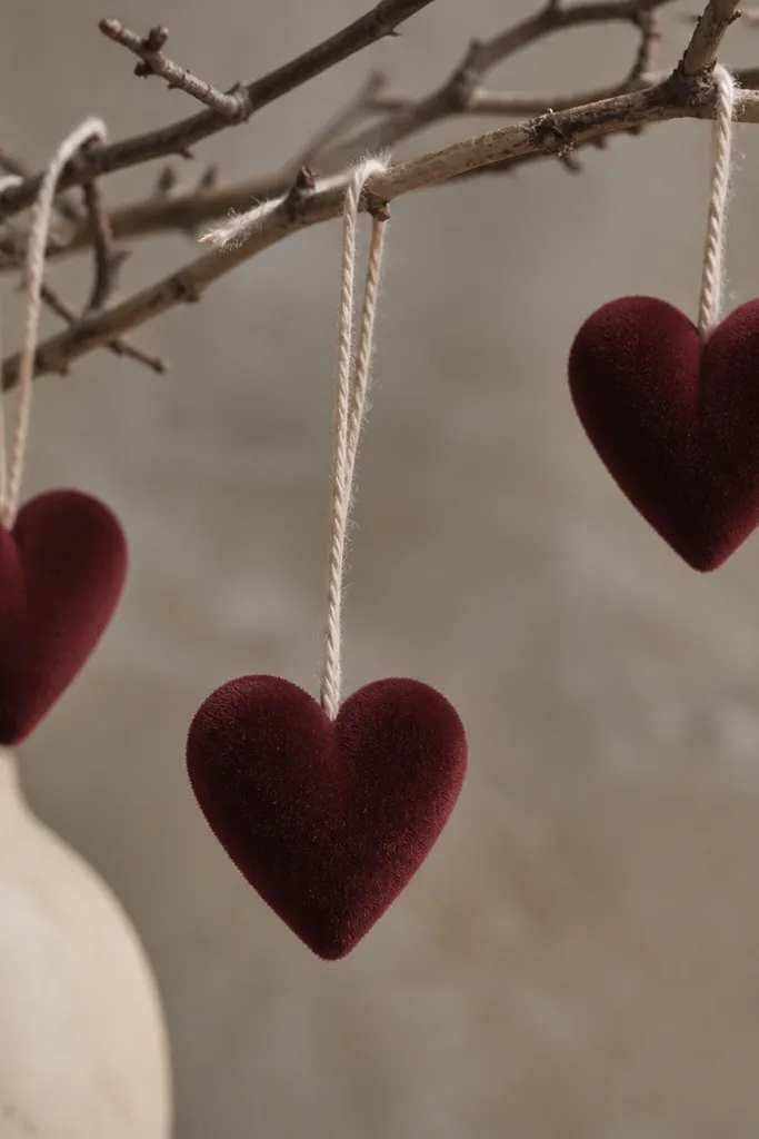 Heart ornaments painted deep wine red with a soft, velvety matte texture. The edges look slightly fuzzy, and the string is cream.