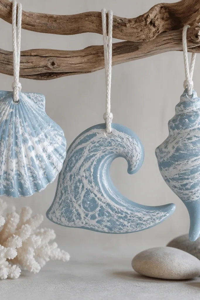 Shell and wave ornaments painted pale blue with white salt-wash patterns. The patterns look like dried sea foam. The ornaments hang with white twine.