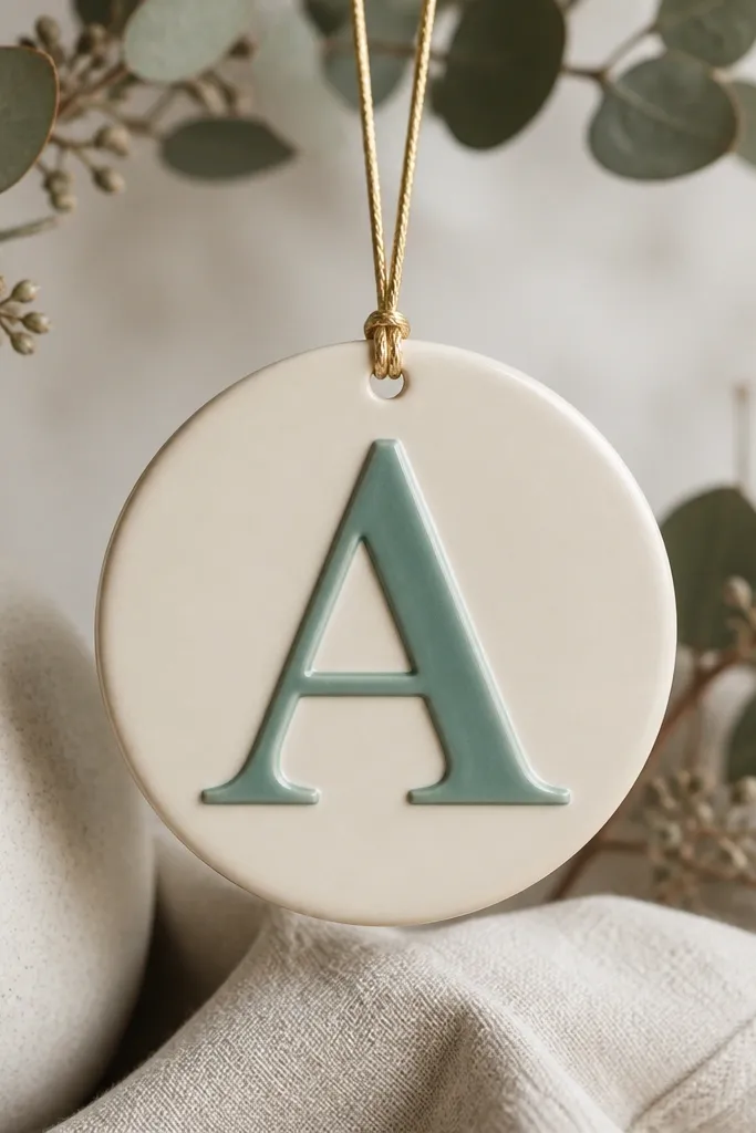 A round ornament with a raised monogram letter in the center. The base is cream, the raised letter is painted muted teal, and the edges are crisp. A thin gold string loops through the hole.