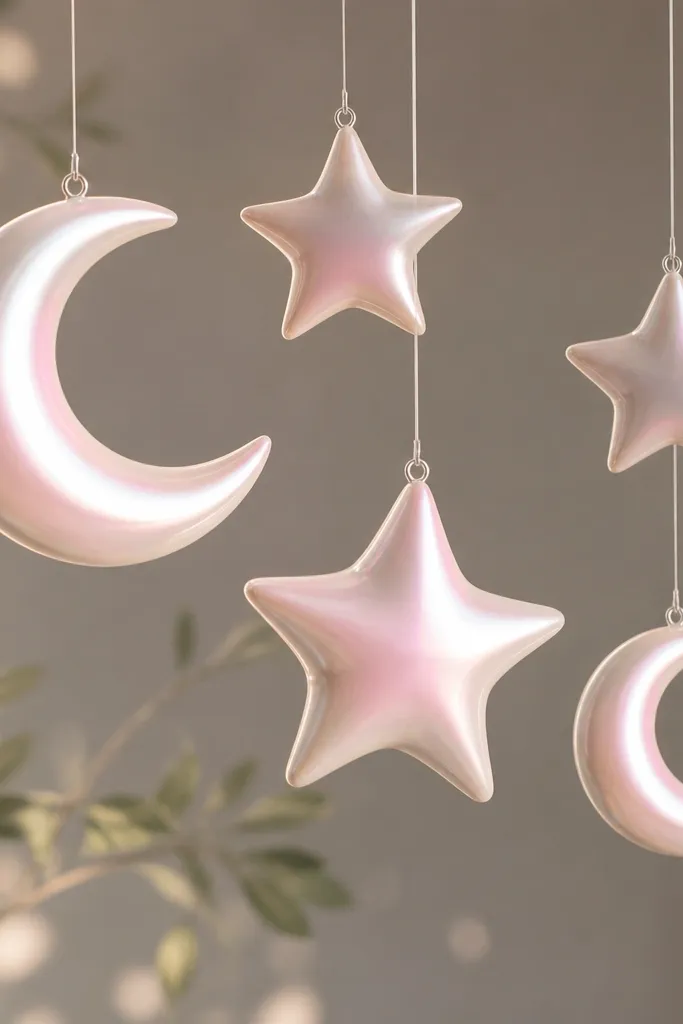 A set of star and moon ornaments coated in pearl paint that shifts from white to pale pink under light. The surface looks smooth, with no chunky glitter. They hang on clear fishing line.
