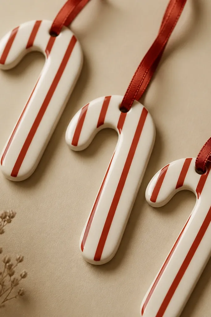 Candy cane-shaped ornaments with white base and red stripes painted straight. The stripes are clean and parallel, and the top hole has a red ribbon. Background is warm beige.