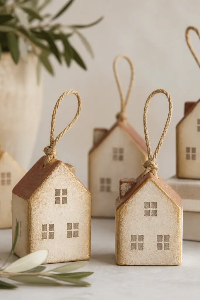 Mini house-shaped ornaments with a warm beige base, gold wash in the corners, and small painted window rectangles. The roof is muted terracotta, and the twine is tan.
