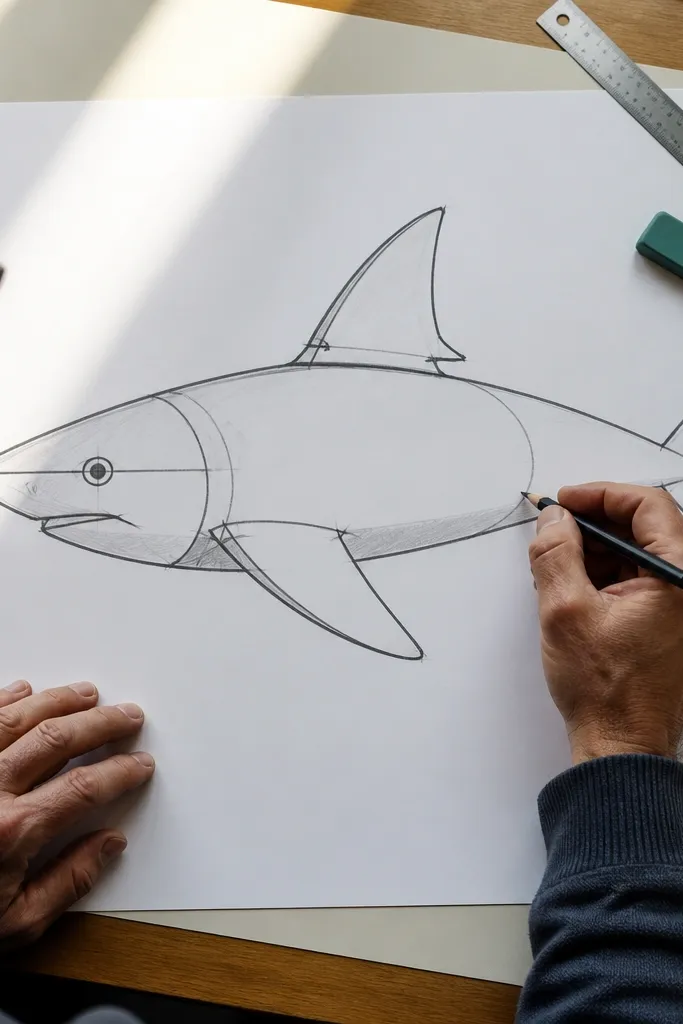 Simple shark outline with three triangular fins and a forked tail