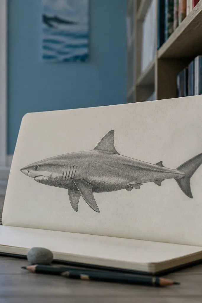 Side-view shark with light, mid, and dark pencil shading