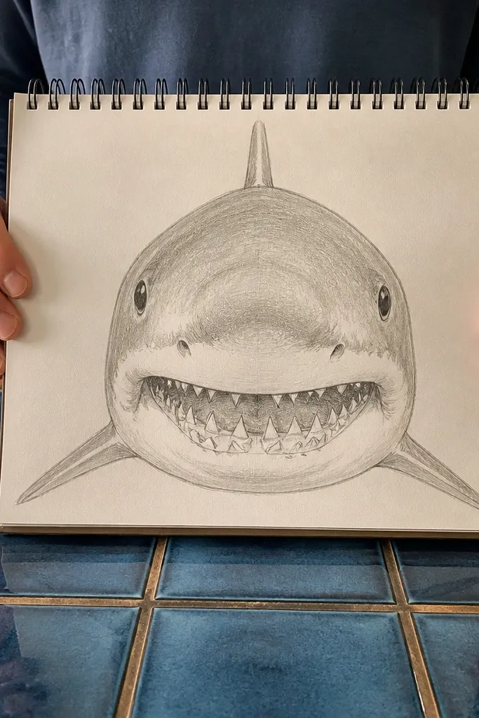 Frontal shark head sketch with an eye, gill slits, and an open mouth