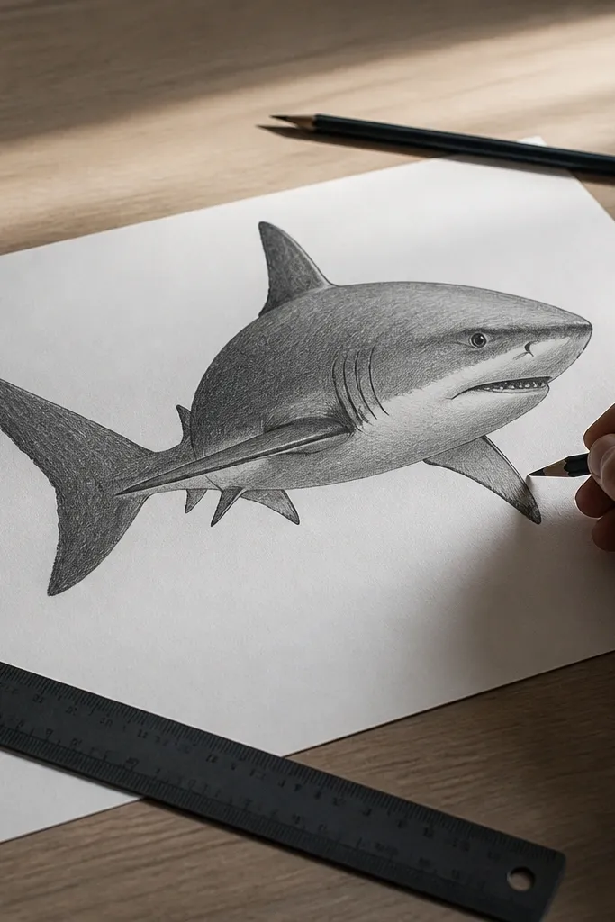 Shark swimming with a strong tail turn and curved body twist
