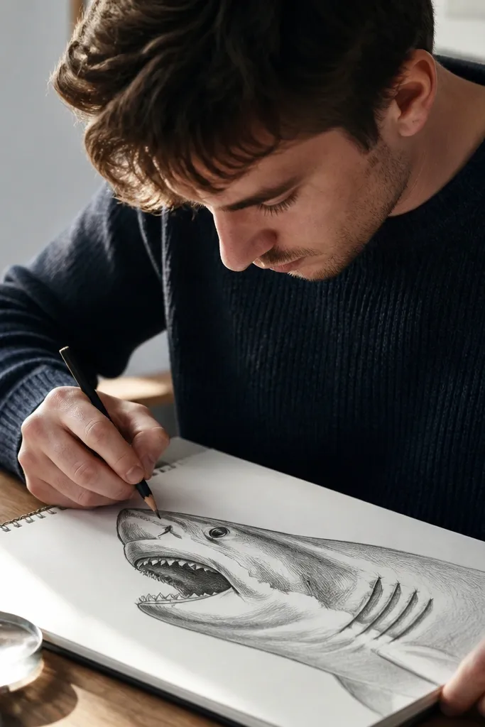Close shark head drawing with gill slits and shaded mouth interior