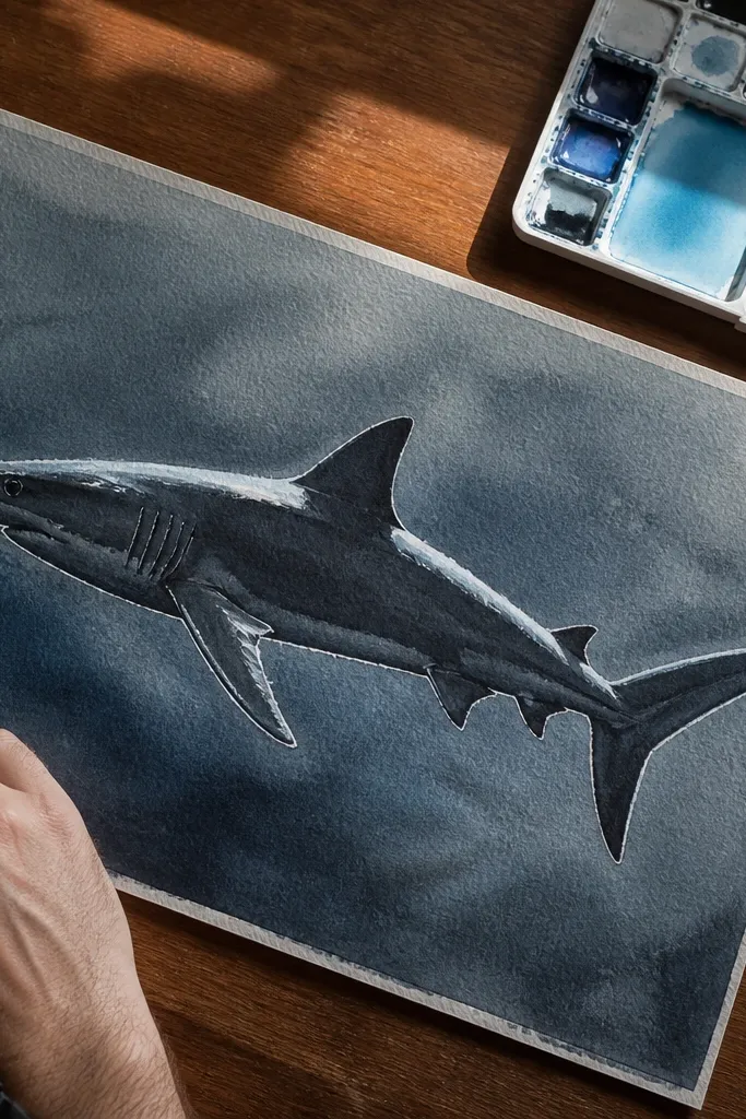 Shark with strong rim light along the outline and soft underwater background