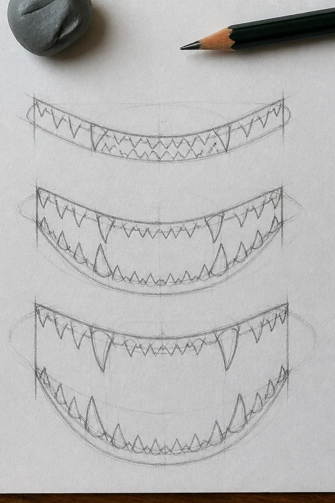 Practice page of shark mouth shapes with different tooth row angles