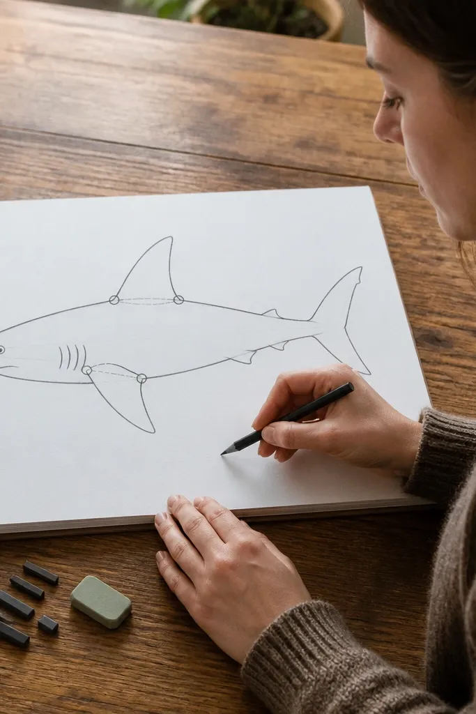 Shark drawing showing fin hinge lines and clean fin shapes