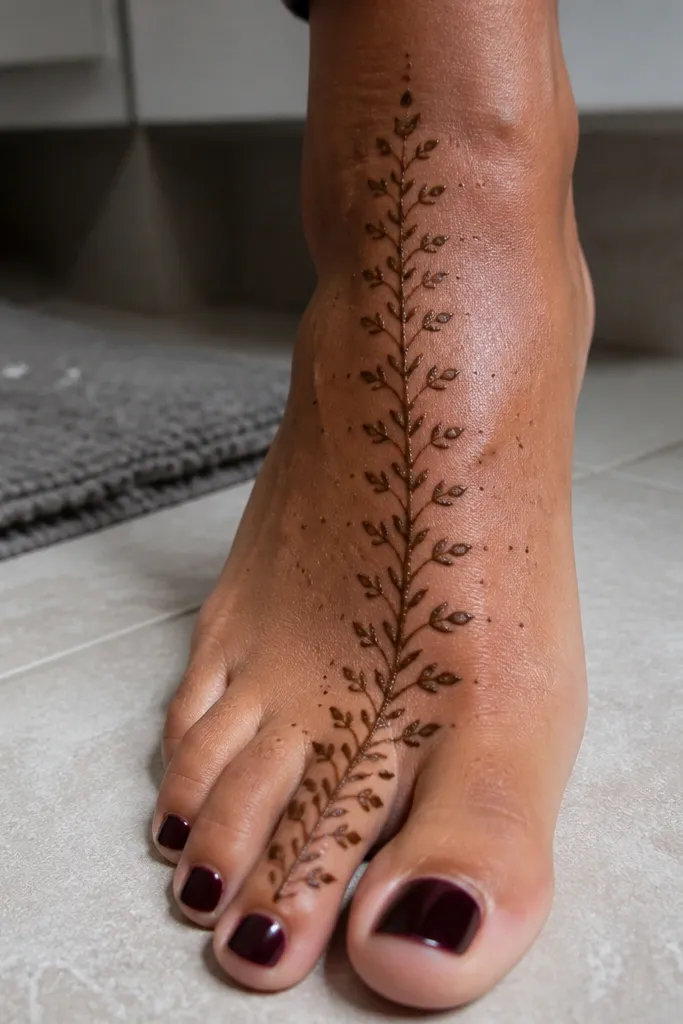 A central vine line with small leaves running from toes to ankle, with light dots on both sides.