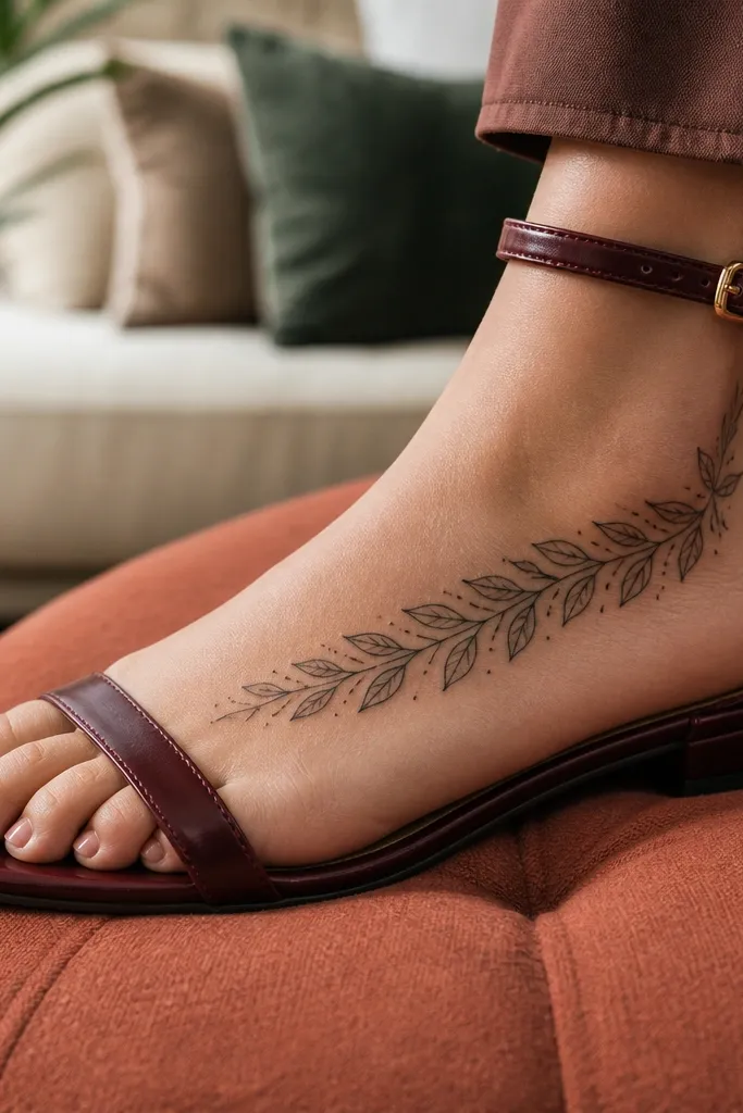 A leaf-pattern cuff around the ankle with minimal lines on the foot top and a few arch dots.