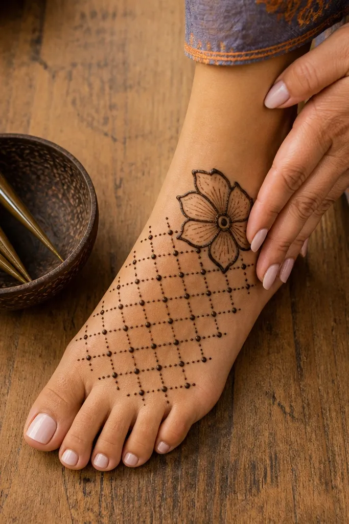 A light dotted grid on the foot with one small flower at the top corner near the ankle.