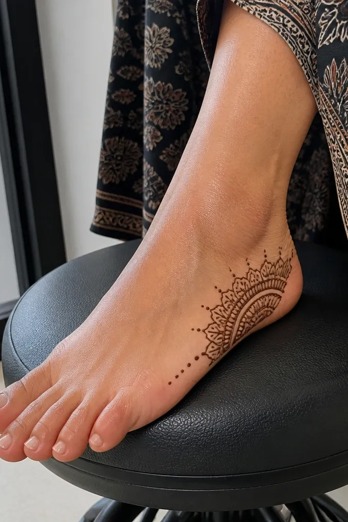 A half mandala on the arch with a scalloped edge and a few dots on the outer side.