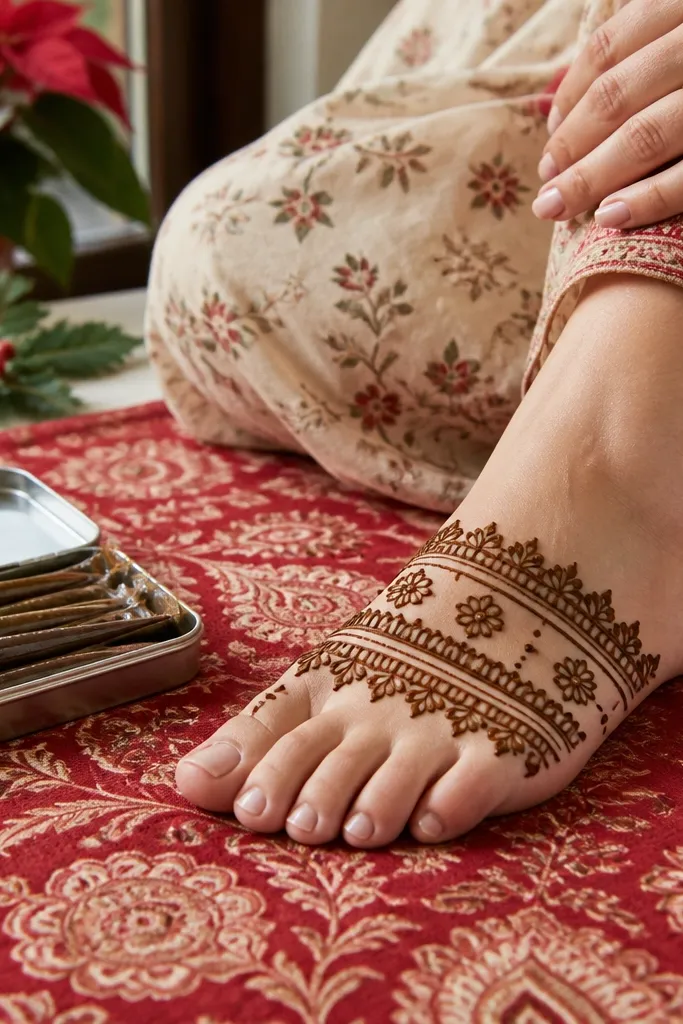 Two border stripes on the foot with tiny micro flowers spaced between and small toe dots.