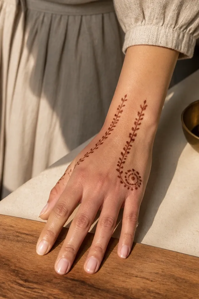Back hand mehndi with two vine lines, small dots near the thumb, and light finger gaps